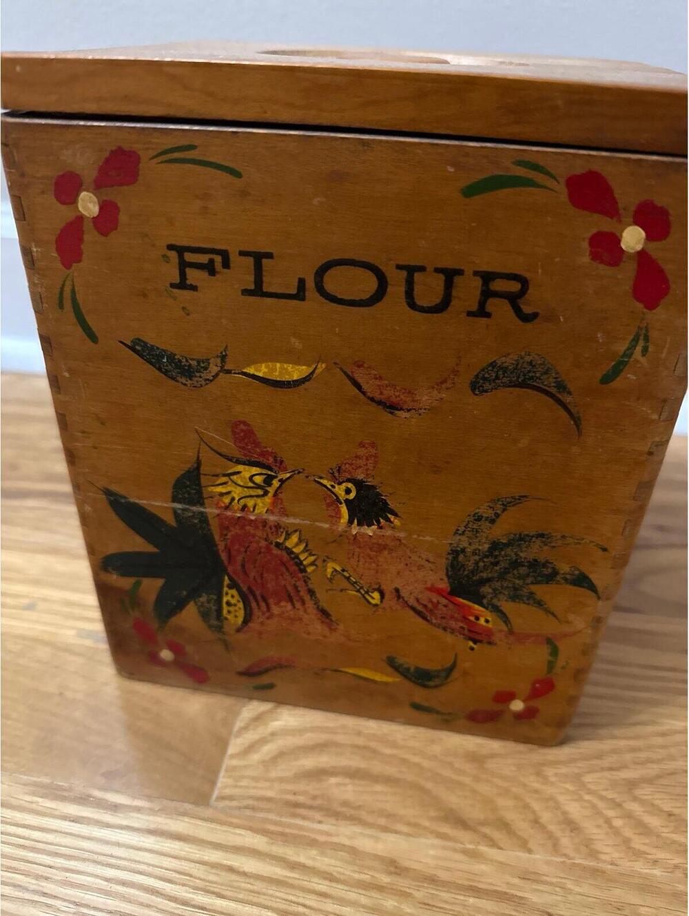 Vintage Wooden Rooster Flour Canister